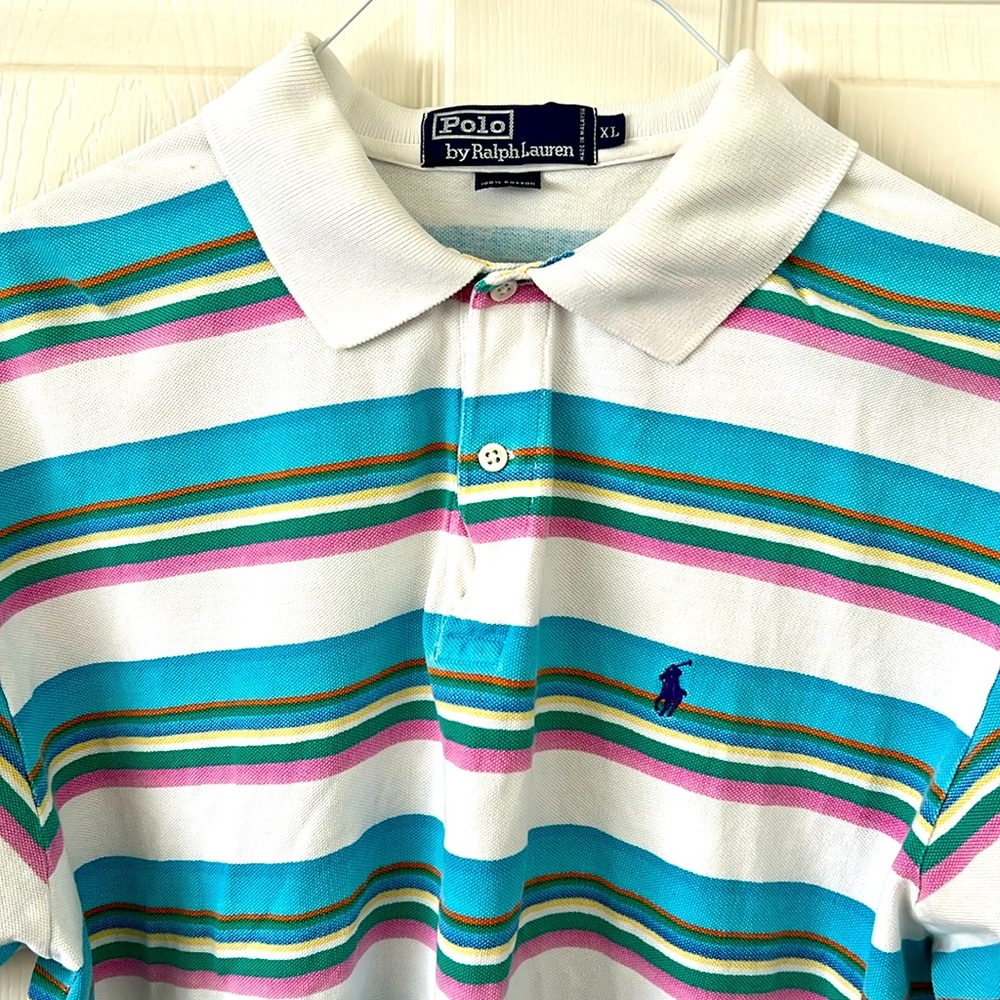 Men’s vintage Ralph Lauren polo shirt. Striking multicolor stripes.  SIZE XL.